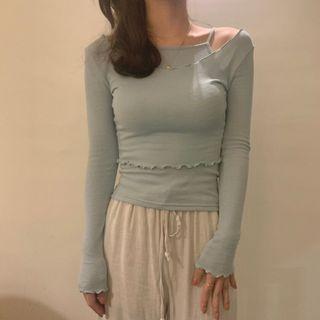 Mock Two-piece Lettuce Edge Long-sleeve T-shirt