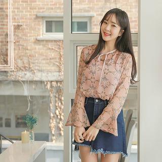 Tie-neck Ruffle-cuff Floral Blouse