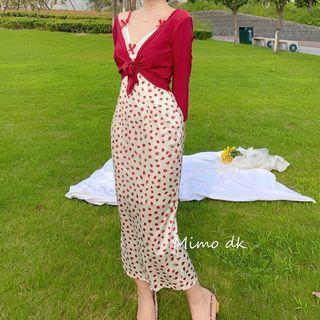 Plain Cardigan / Spaghetti Strap Strawberry Print Midi Sheath Dress
