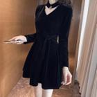 Long-sleeve Cutout Velvet A-line Mini Dress