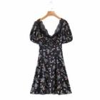 Puff-sleeve Lace Trim Floral Mini A-line Dress