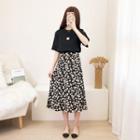 Set: Elbow-sleeve Flower Print T-shirt + Midi A-line Skirt