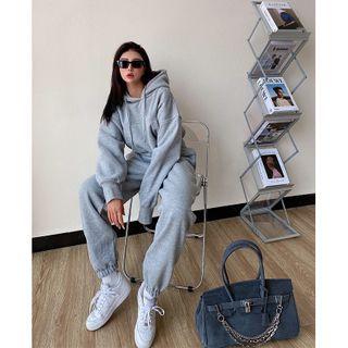 Set: Plain Hooded Pullover + Fleece-line Drawstring Hem Sweatpants