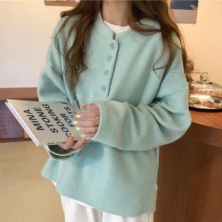 Long-sleeve Round Neck Side-slit Button-up Top