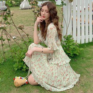 Elbow-sleeve Floral A-line Midi Tiered Dress