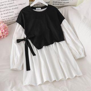 Color-block Long-sleeve Dress Black & White - One Size