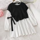 Color-block Long-sleeve Dress Black & White - One Size