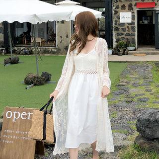 Tie-front Sheer Lace Robe Cardigan Cream - One Size