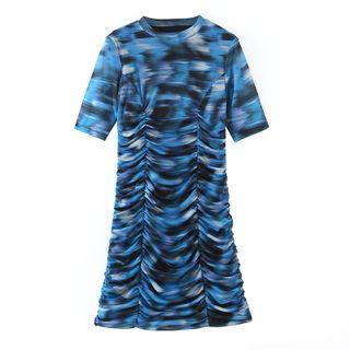 Elbow-sleeve Tie-dyed Mini Sheath Dress