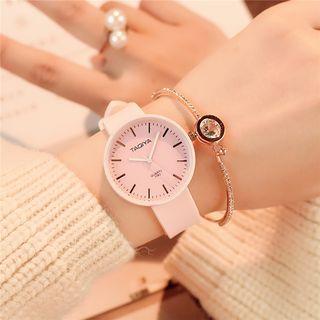 Set: Plain Silicone Strap Watch + Lettering Silicone Bangle