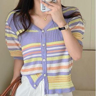 Short-sleeve V-neck Striped Button-up Knit Top Purple - One Size