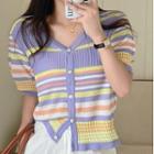 Short-sleeve V-neck Striped Button-up Knit Top Purple - One Size