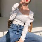 Puff-sleeve Plain Slim-fit Cropped Blouse