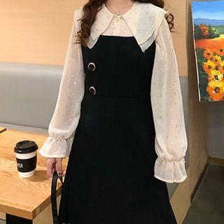 Long-sleeve Wide Collar Patterned Shirt / Sleeveless A-line Mini Dress