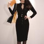 Long-sleeve Rib Knit Sheath Dress Black - One Size