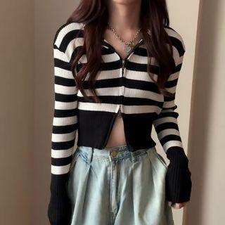 Zip Long-sleeve Knit Hooded Cardigan