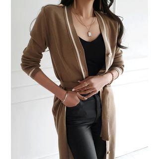 Contrast-trim Long Cardigan With Sash