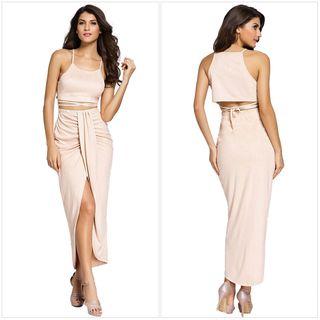 Set: Faux Suede Camisole Top + Front Slit Maxi Skirt