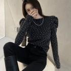 Bubble-sleeve Mock-neck Dotted Knit Top