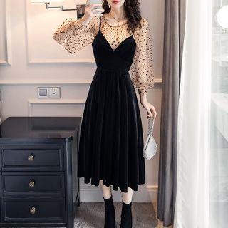 Set: Lantern-sleeve Dotted Top + Spaghetti Strap Midi Velvet Dress