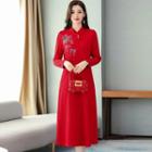 Embroidered Long-sleeve Mid A-line Dress