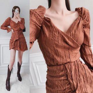 Set: Puff-sleeve Textured Blouse + Ruffle-trim Skirt