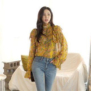 Frill-shoulder Floral Chiffon Blouse