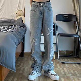 Mid Rise Cross Accent Loose Fit Jeans