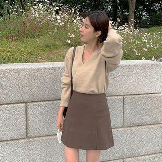 Wool Blend Wrap Knit Top Beige - One Size