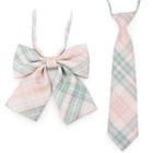 Set: Plaid Ribbon Bow Tie + Necktie Set Of 2 - Bow Tie + Necktie - Gray & Pink - One Size