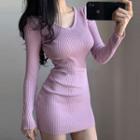 Long-sleeve Ribbed Knit Mini Sheath Dress Purple Pink - One Size