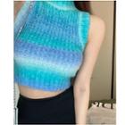 Mock-neck Knit Crop Top Blue - One Size