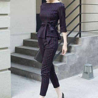 Set: 3/4-sleeve Striped Top + Striped Dress Pants