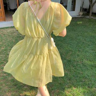 Set: Puff-sleeve Mesh Mini A-line Dress + Slipdress Set Of 2 - Avocado Green - One Size