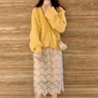 Cable-knit V-neck Cardigan / Lace Midi Straight-fit Skirt / Long-sleeve Mesh Top
