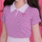 Smile Embroidered Striped Cropped Polo Shirt