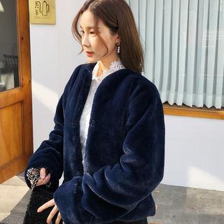 Round-neck Fuax-fur Jacket Navy Blue - One Size