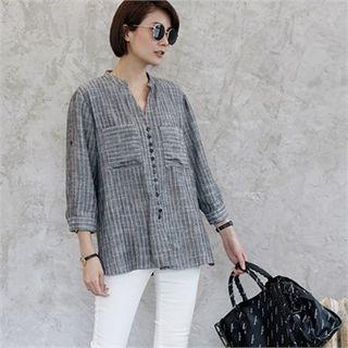 Open-placket Linen Blend Striped Blouse