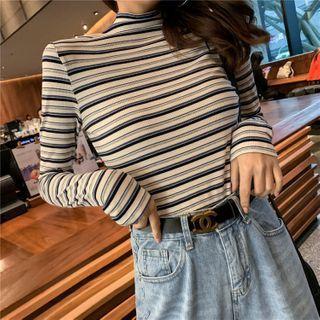 Stripe Long-sleeve Mock-neck Top