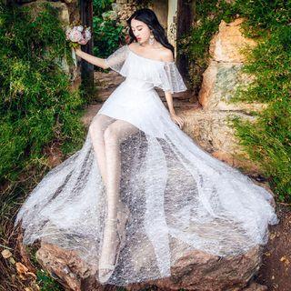 Off-shoulder Short-sleeve Maxi A-line Lace Dress