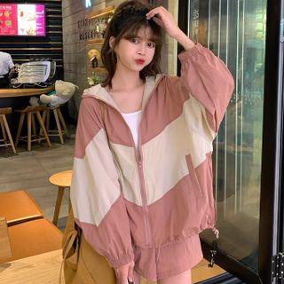Balloon-sleeve Two-tone Zip-up Jacket / Drawstring Sweatshorts