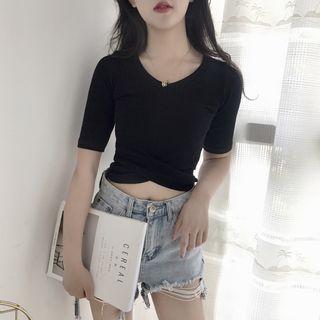 Short-sleeve Cropped Knit Top Black - M