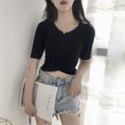 Short-sleeve Cropped Knit Top Black - M