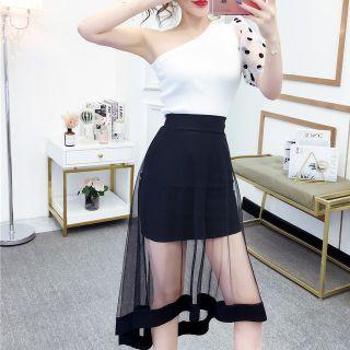 Set: Dotted Mesh Panel One-shoulder Top + Mesh Panel A-line Skirt