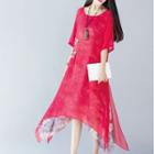 Set: Short-sleeve Embroidered A-line Midi Dress + Sleeveless Floral Midi Dress