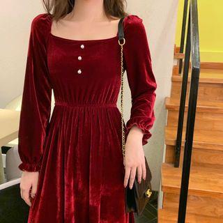 Balloon-sleeve Shirred Velvet Midi A-line Dress Wine Red - One Size