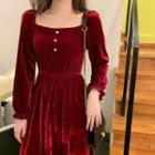 Balloon-sleeve Shirred Velvet Midi A-line Dress Wine Red - One Size