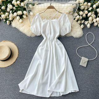 Square-neck Puff-sleeve Spaghetti-strap Dress