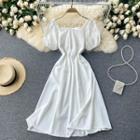 Square-neck Puff-sleeve Spaghetti-strap Dress