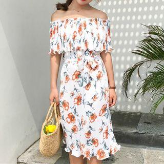 Floral Print Off-shoulder Pleated Chiffon Dress